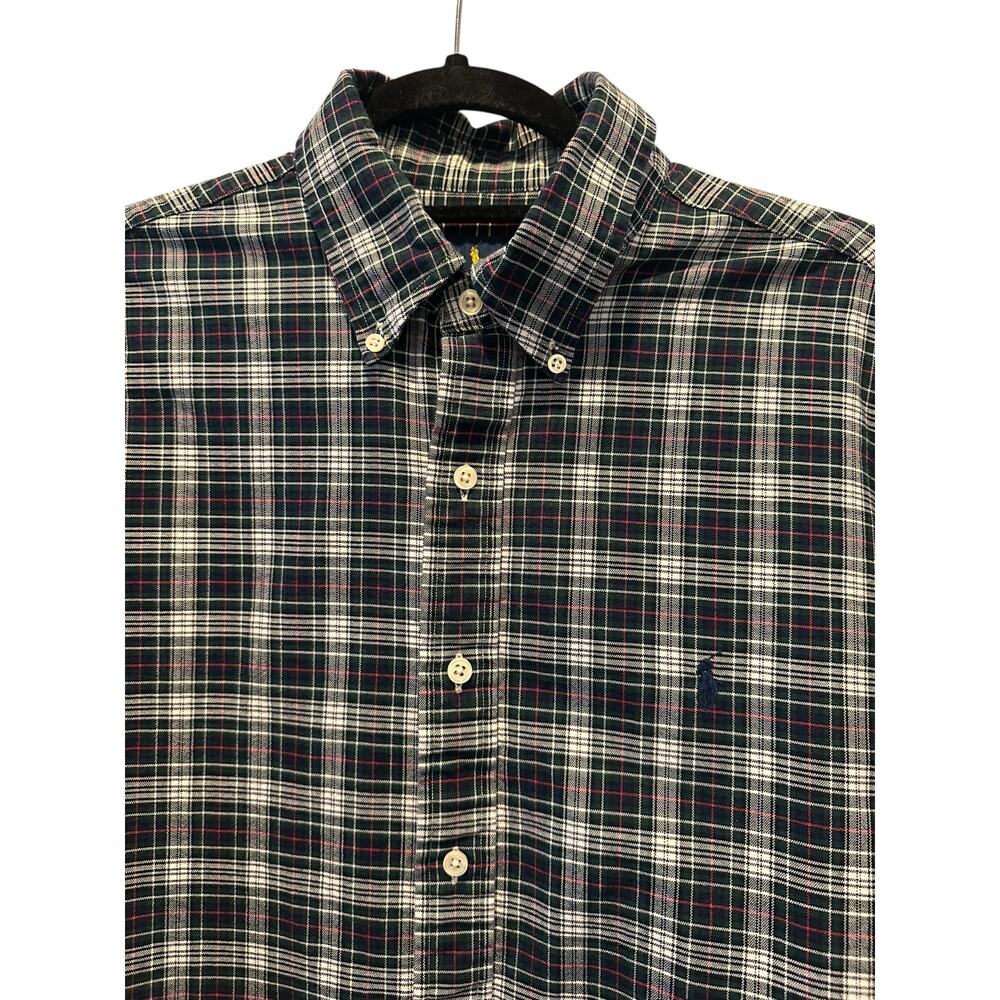 EUC Ralph Lauren Plaid Canvas Button Down Shirt Green Navy L Preppy Old Money